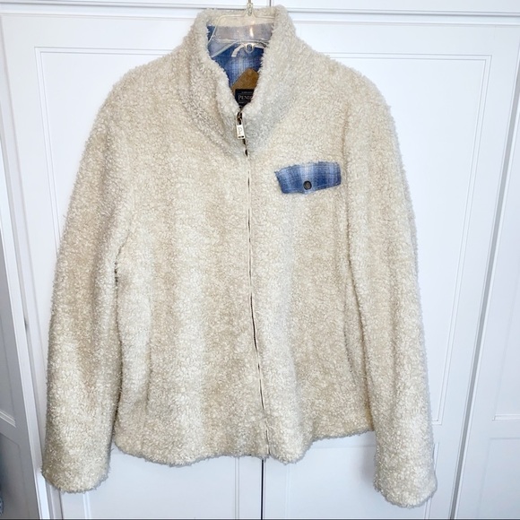 Pendleton Sherpa Cream Zip Jacket Blue Plaid Accents XL Gorpcore cozy - Picture 2 of 15